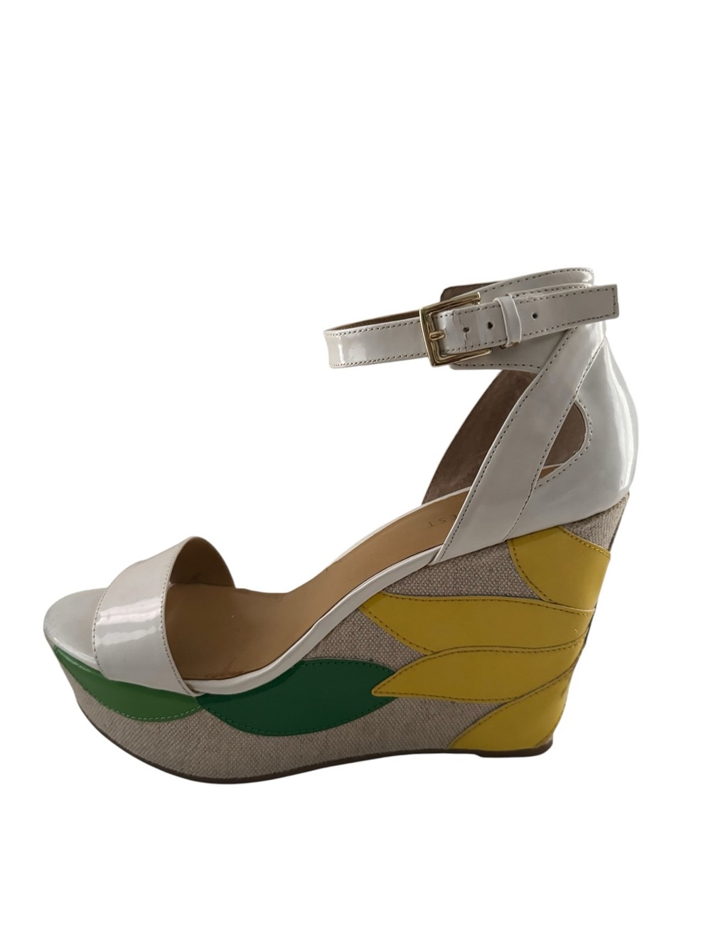 Nine West White Ankle-Strap Wedge Platform Sandal with Yellow Sunflower Sz 8